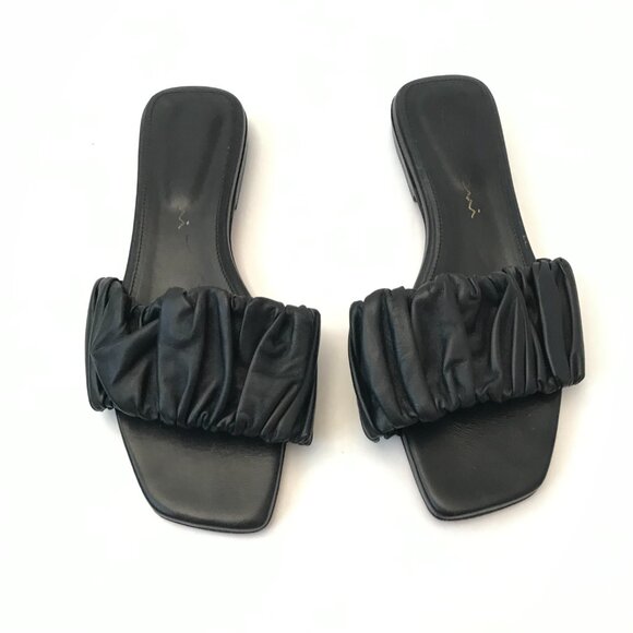 Santoni Ruched Allonge Leather Flat Sandals Womens 36 6 Black Slip On Open Toe - Picture 6 of 13